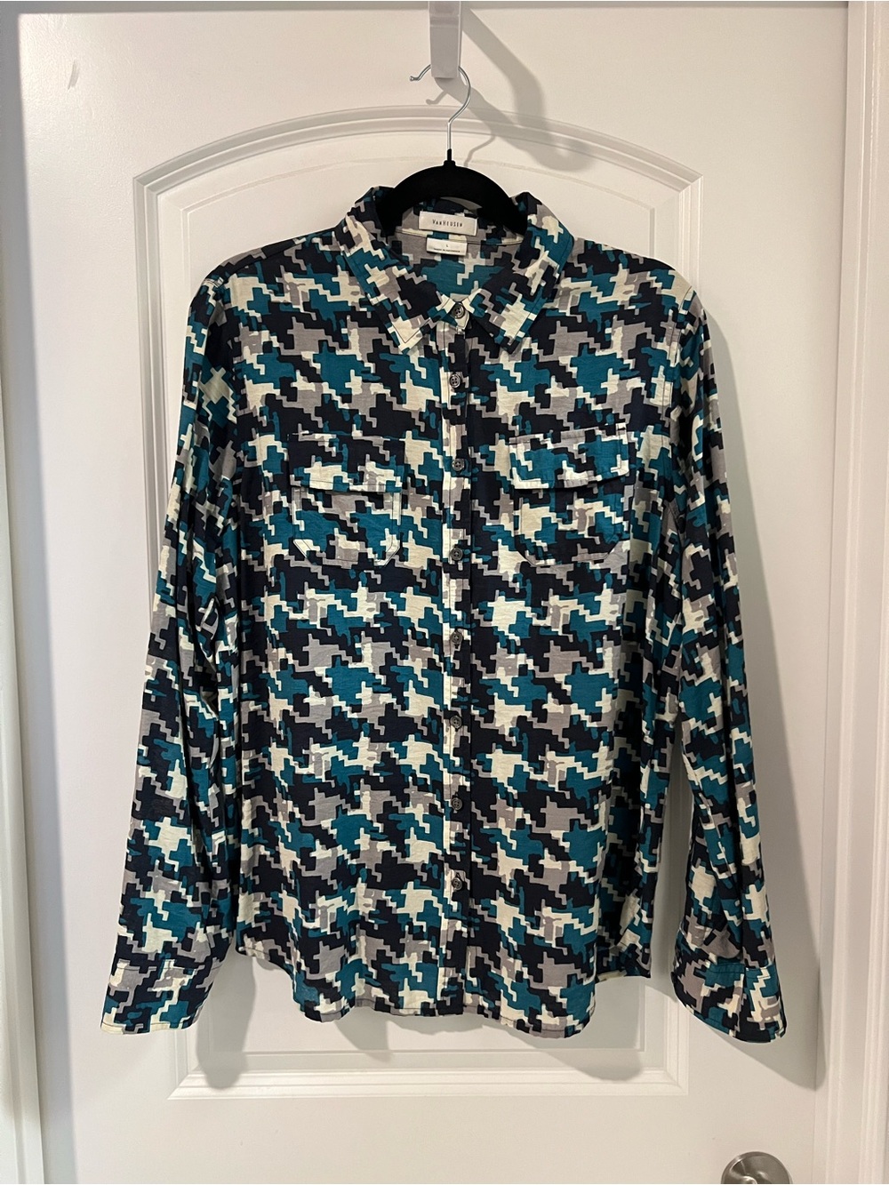 Van Heusen Teal Black White Houndstooth Button-Down Shirt